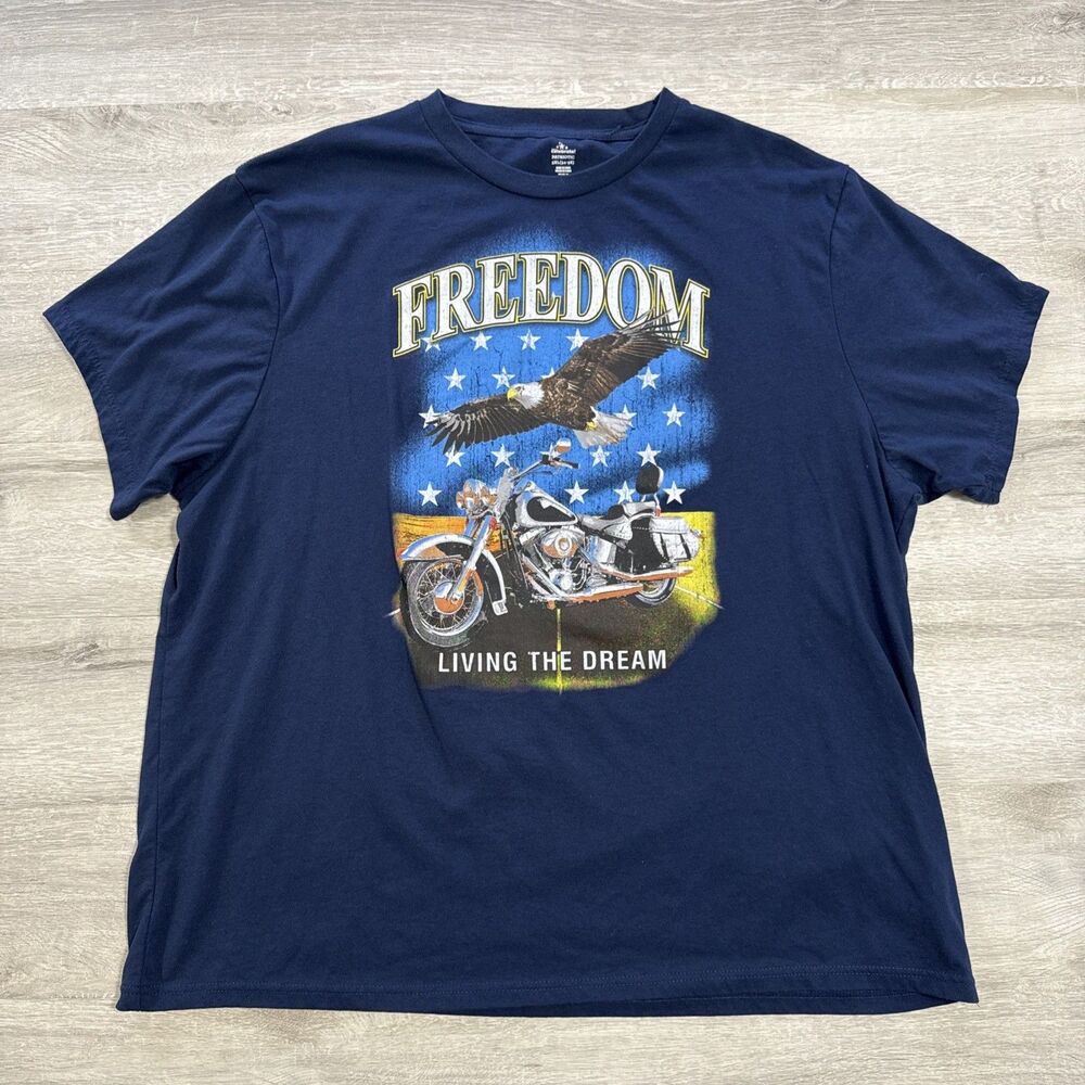 Freedom Patriotic Shirt Eagle Motorcycle American Flag Men's 3XL Blue Tee